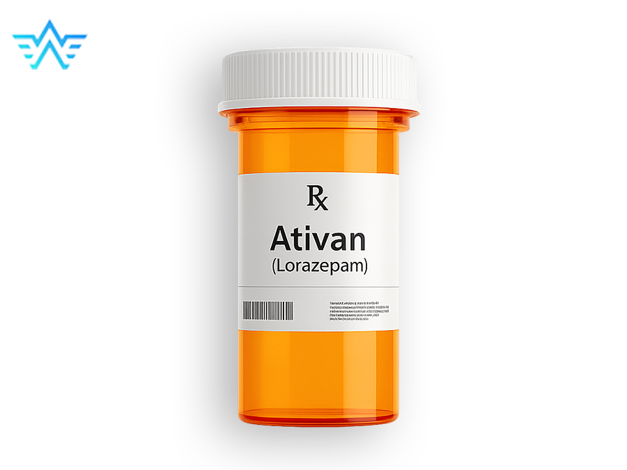Bottle similar to a medication bottle with the words Rx (Prescription) and Ativan (Lorazepam)